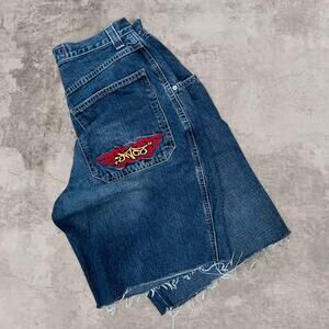 JNCO Light Wash Denim Jorts Raw Hem Baggy Wide Leg Shorts sz us 30 Vintage Blue